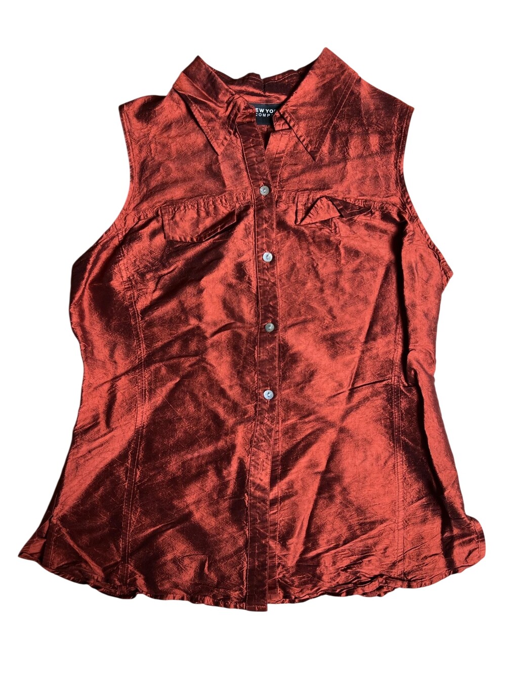 New York & Company Button-Up Womens M Red Silk Taffeta Sleeveless Slim Business